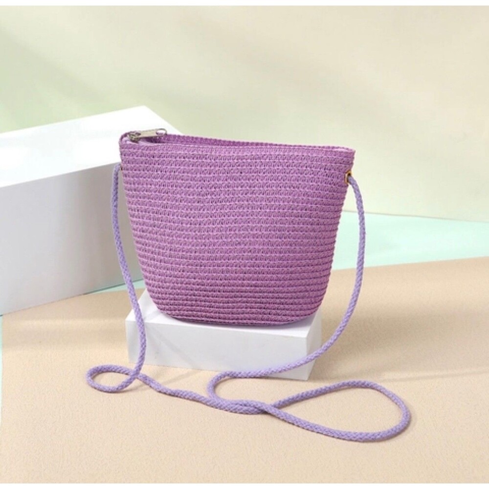 Women's Purple Hand Woven Straw Mini Crossbody Bag Boho Summer Purse NEW - Picture 7 of 9